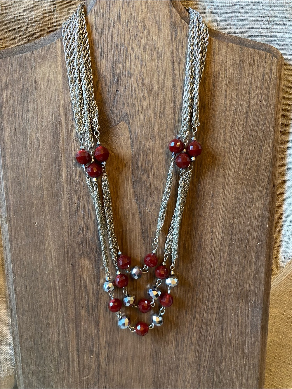 White House Black Market Multi layered Sparkling Red Crystal & Hematite necklace